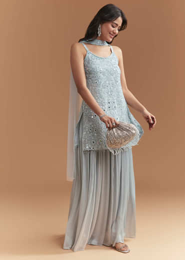 Blue Chinon Palazzo Suit With Intricate Hand Embroidery