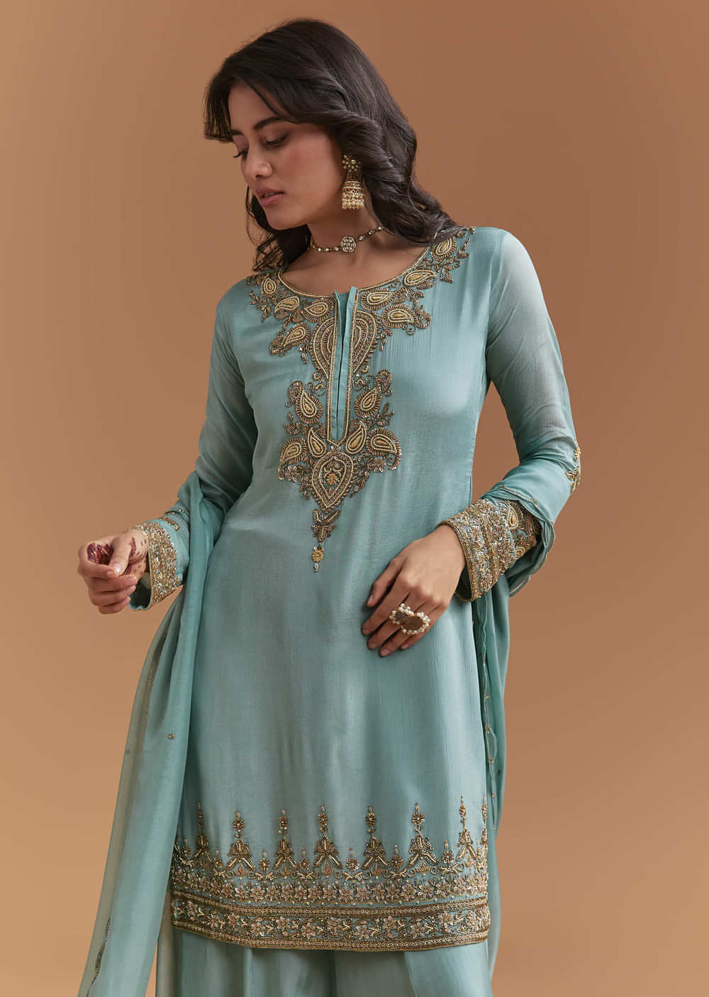 Blue Chinon Palazzo Suit With Moti And Cutdana Embroidery