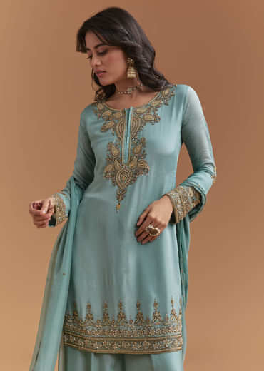 Blue Chinon Palazzo Suit With Moti And Cutdana Embroidery