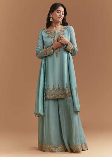 Blue Chinon Palazzo Suit With Moti And Cutdana Embroidery