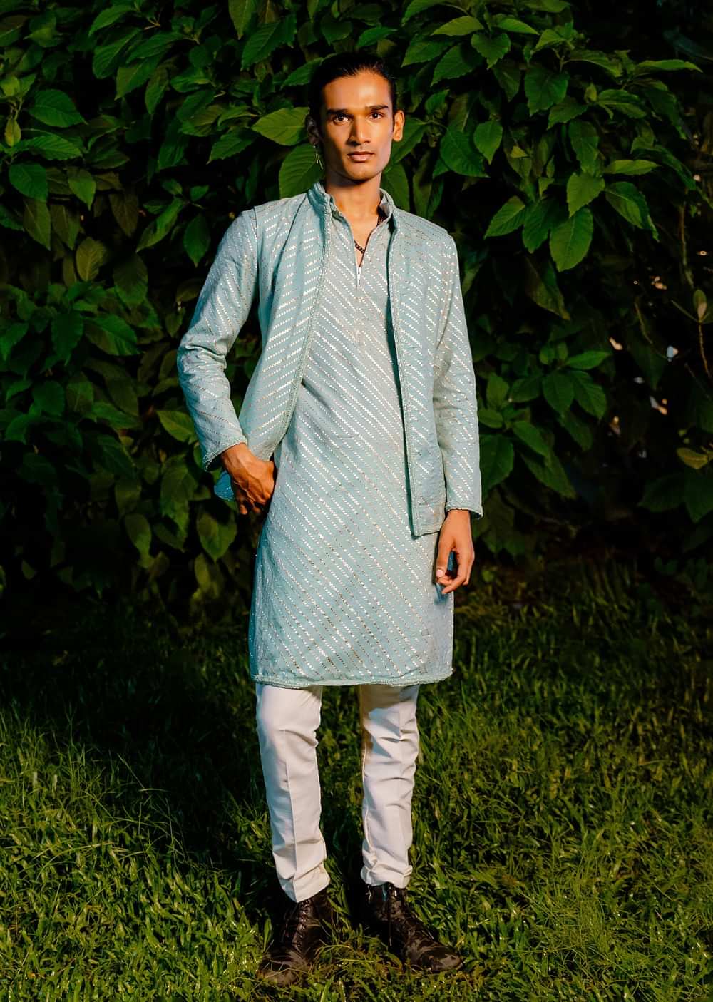 Blue Cotton Leheriya Bandi Kurta Set With Lace Work