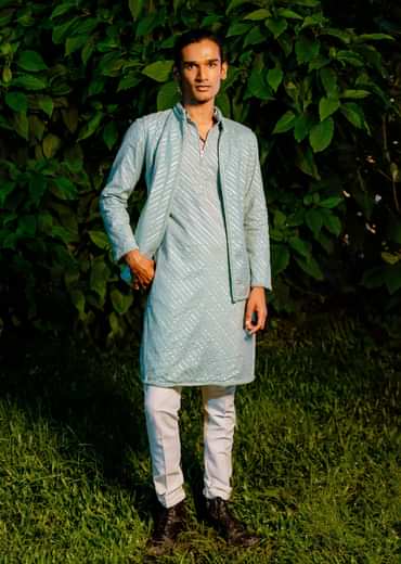 Blue Cotton Leheriya Bandi Kurta Set With Lace Work