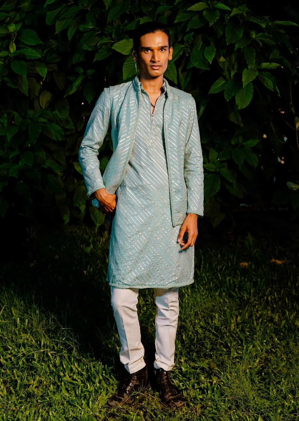 Blue Cotton Leheriya Bandi Kurta Set With Lace Work