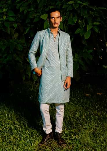 Blue Cotton Leheriya Bandi Kurta Set With Lace Work
