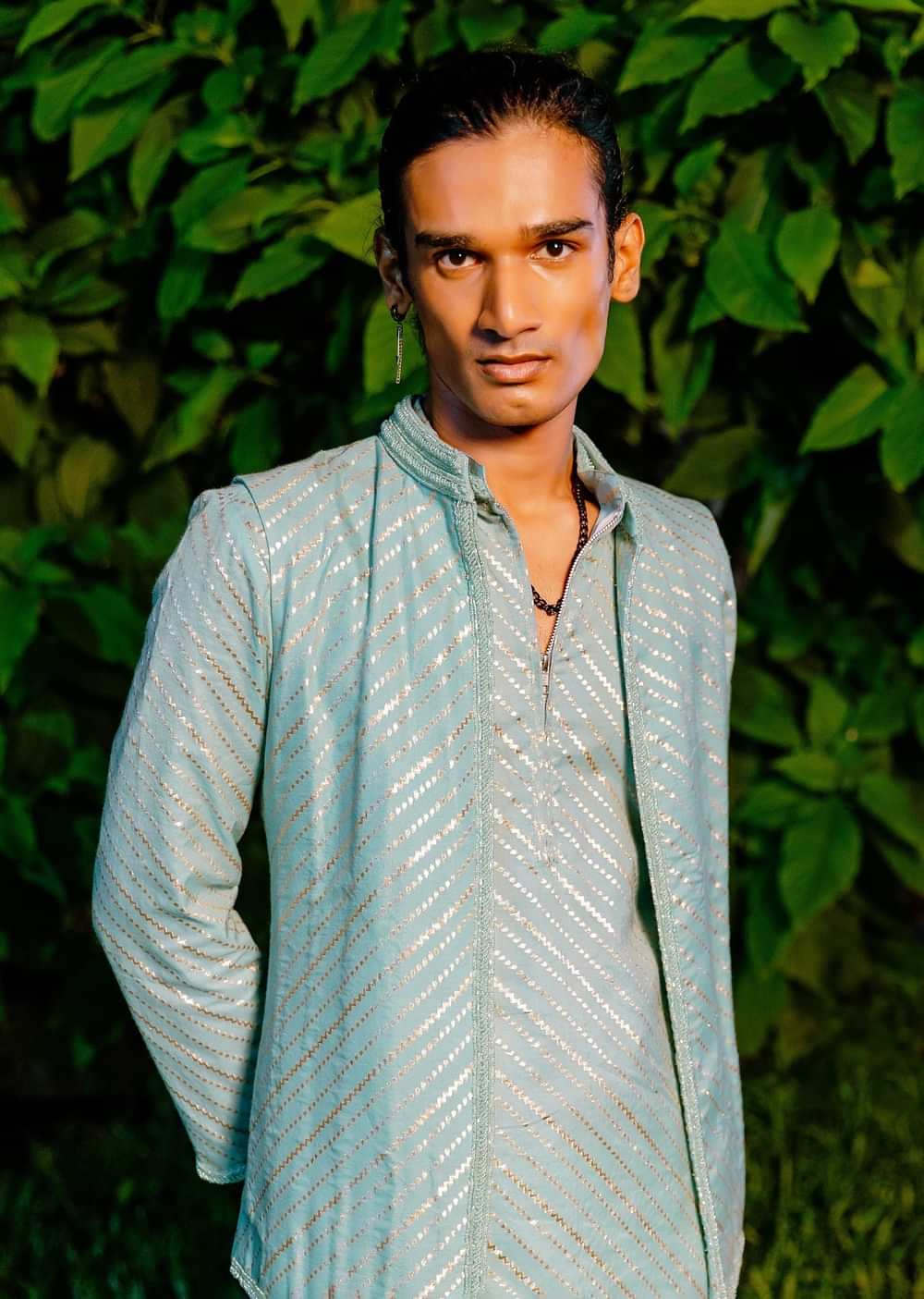 Blue Cotton Leheriya Bandi Kurta Set With Lace Work