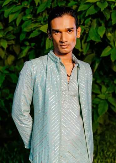 Blue Cotton Leheriya Bandi Kurta Set With Lace Work