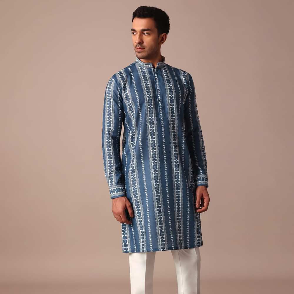 Blue Cotton Silk Kurta With Print