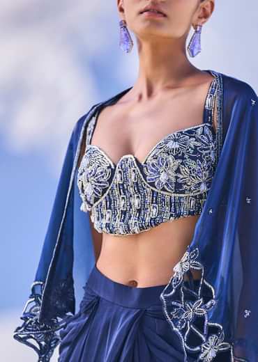 Blue Crepe Draped Skirt With Embroidered Blouse And Cape