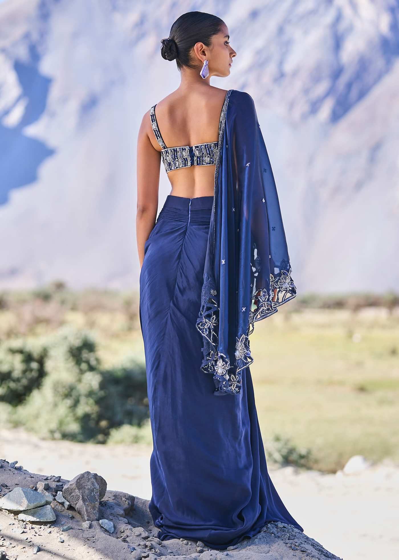 Blue Crepe Draped Skirt With Embroidered Blouse And Cape