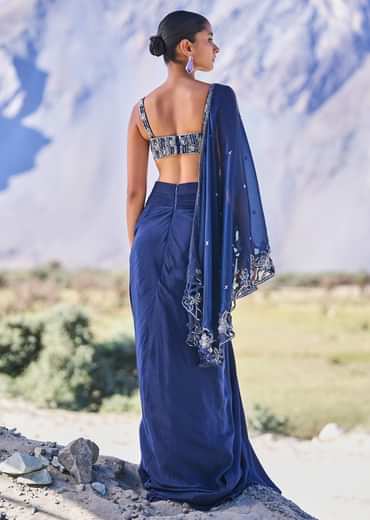 Blue Crepe Draped Skirt With Embroidered Blouse And Cape