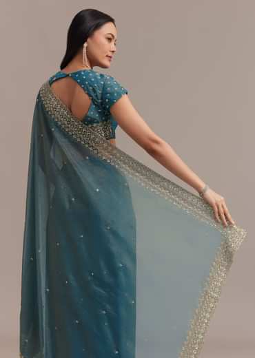 Blue Crushed Tissue Saree With Scallop Embellished Border