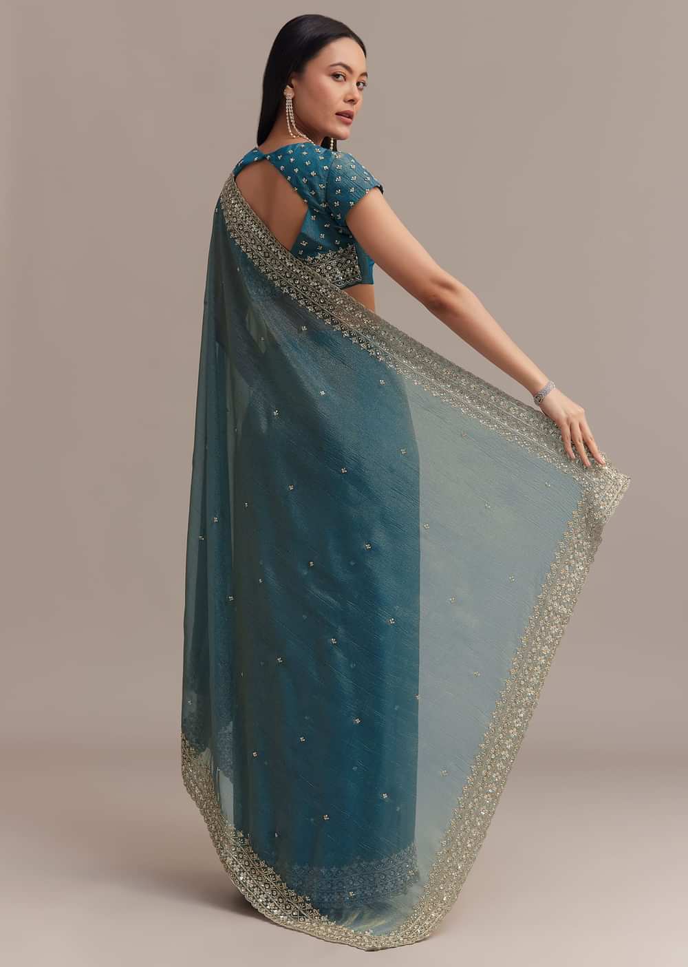 Blue Crushed Tissue Saree With Scallop Embellished Border