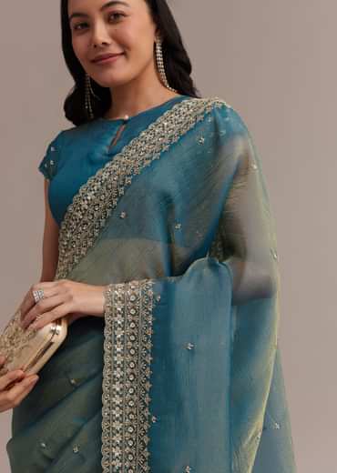 Blue Crushed Tissue Saree With Scallop Embellished Border