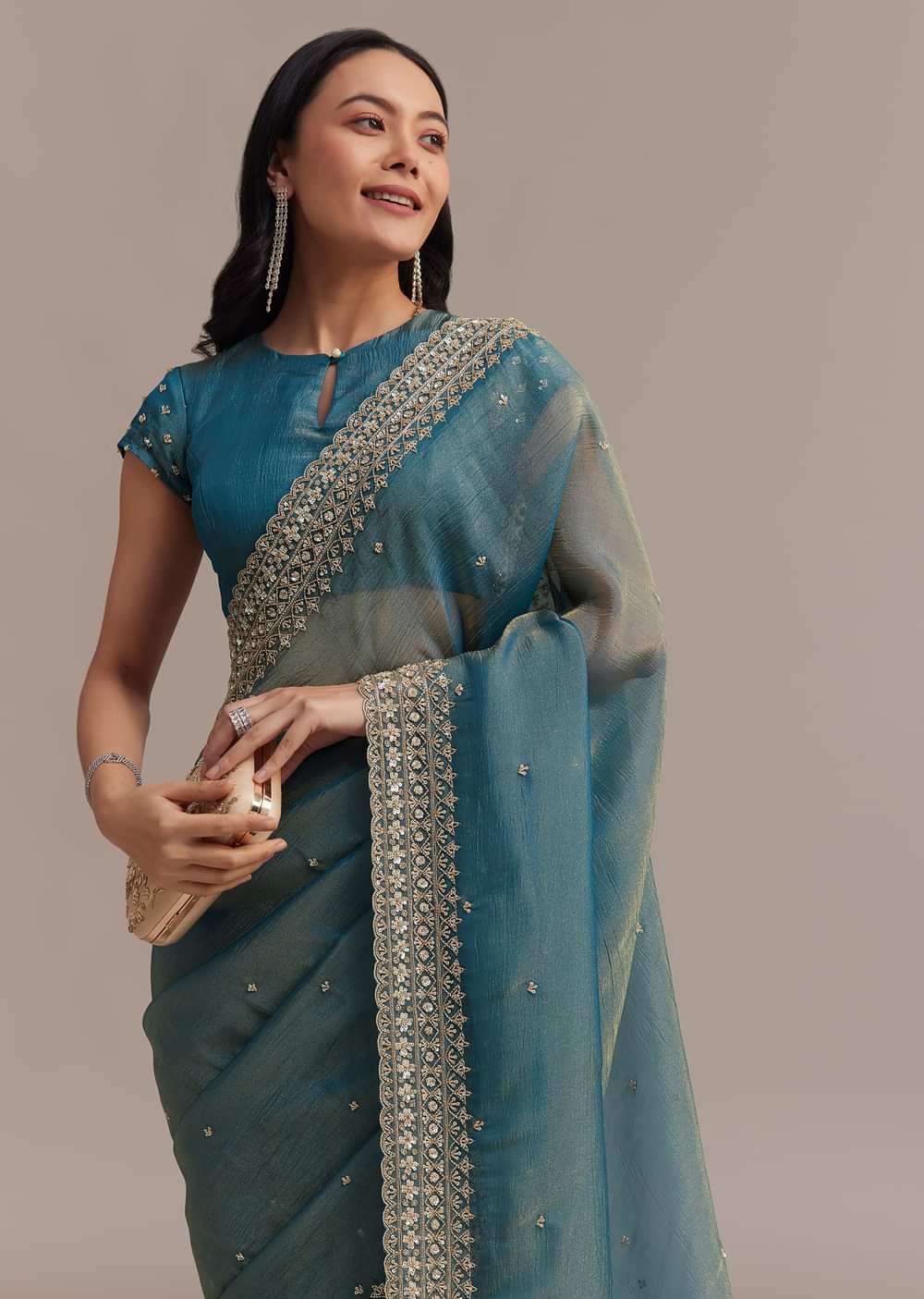 Blue Crushed Tissue Saree With Scallop Embellished Border