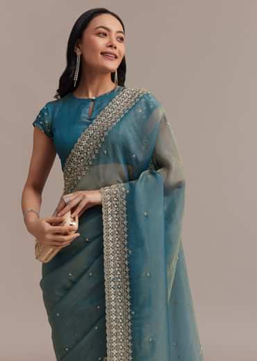 Blue Crushed Tissue Saree With Scallop Embellished Border