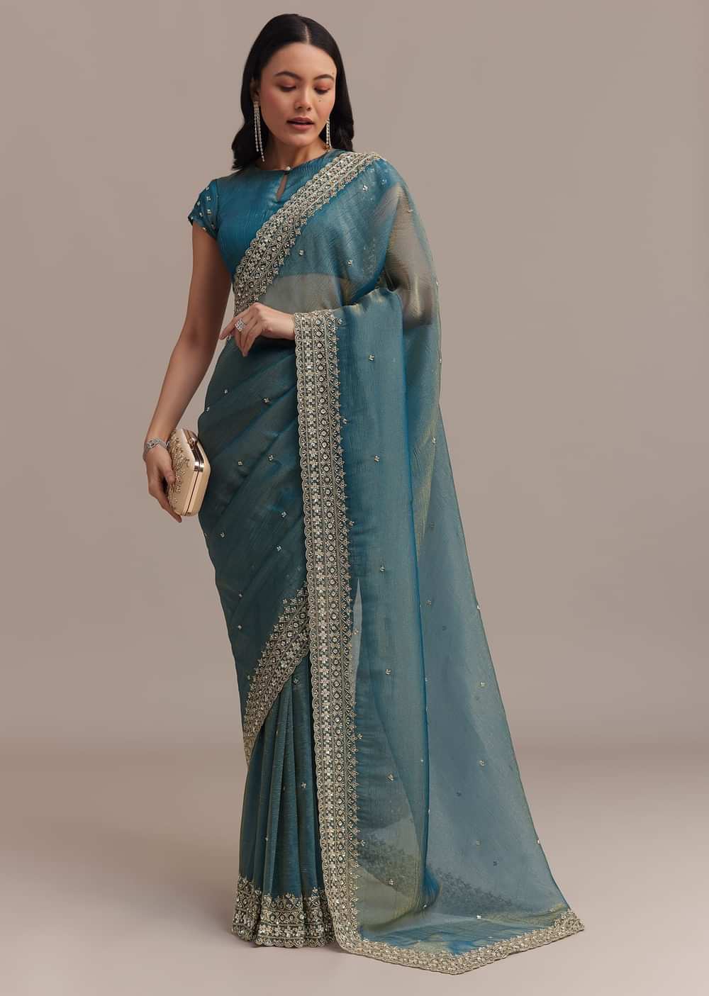 Blue Crushed Tissue Saree With Scallop Embellished Border