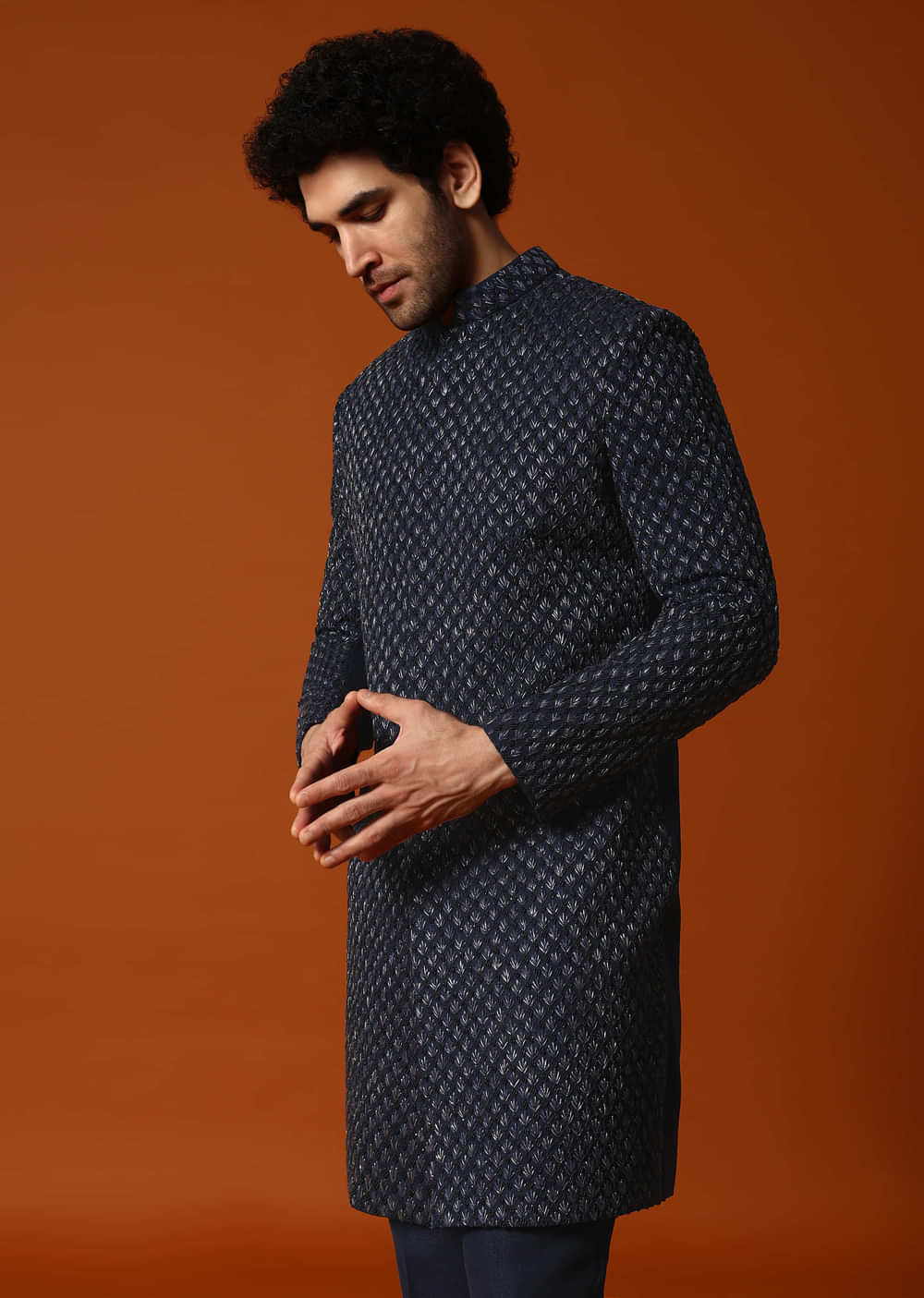 Blue Cutdana Embroidered Indowestern Suit For Men