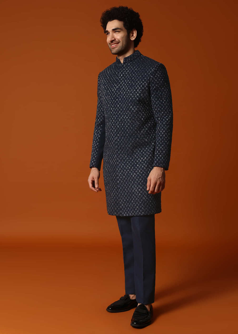 Blue Cutdana Embroidered Indowestern Suit For Men