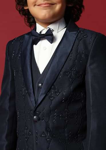 Blue Cutwork Embroidery Festive Tuxedo For Boys