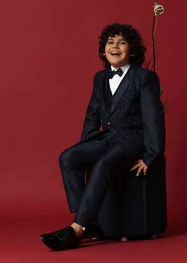 Blue Cutwork Embroidery Festive Tuxedo For Boys
