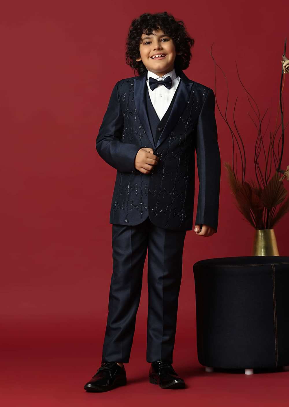 Blue Cutwork Embroidery Festive Tuxedo For Boys