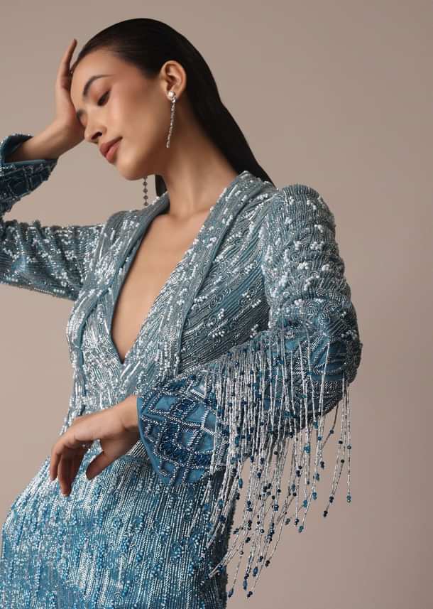 Blue Fish Cut Ombre Trail Embroidered Gown