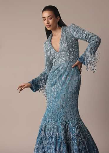 Blue Fish Cut Ombre Trail Embroidered Gown