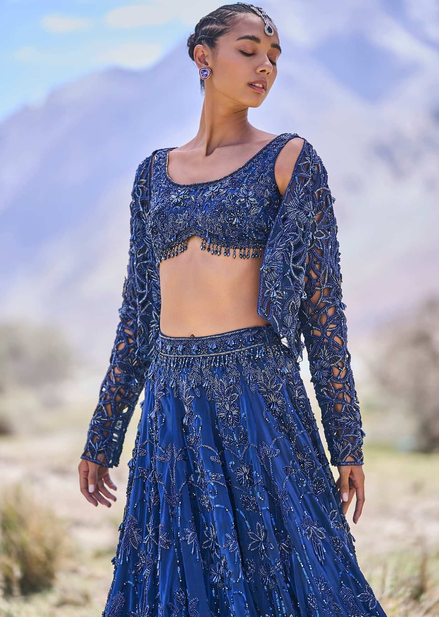 Blue Embroidered 10 Kali Lehenga With Blouse And Jacket