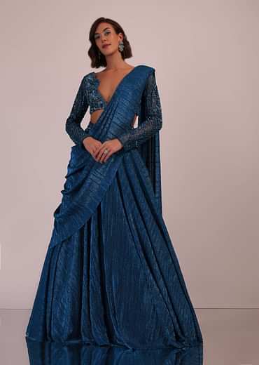 Blue Embroidered Bridesmaid Drape Saree And Blouse Set In Crushed Shimmer