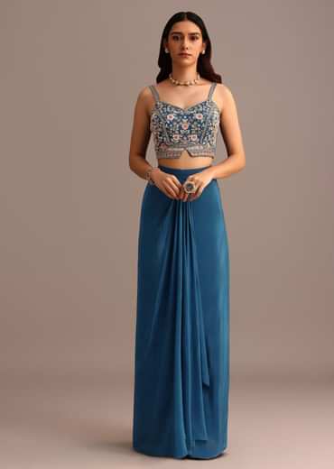 Blue Embroidered Croptop With Drape Skirt And Organza Jacket