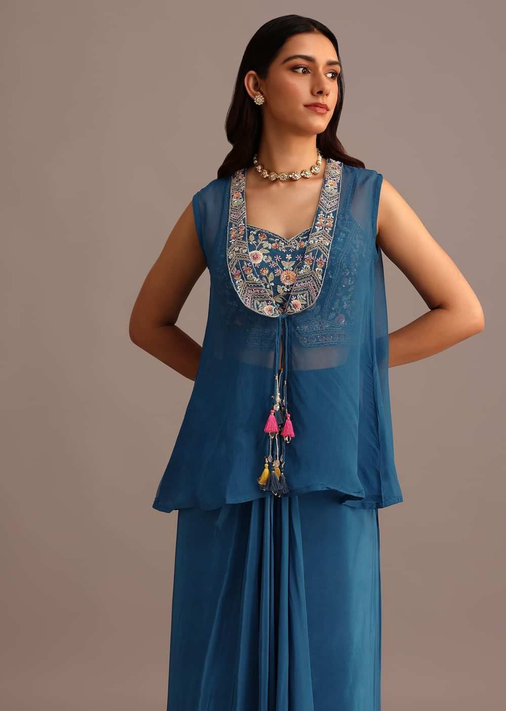 Blue Embroidered Croptop With Drape Skirt And Organza Jacket