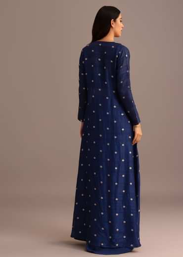 Blue Embroidered Croptop With Drape Skirt And Tussar Jacket