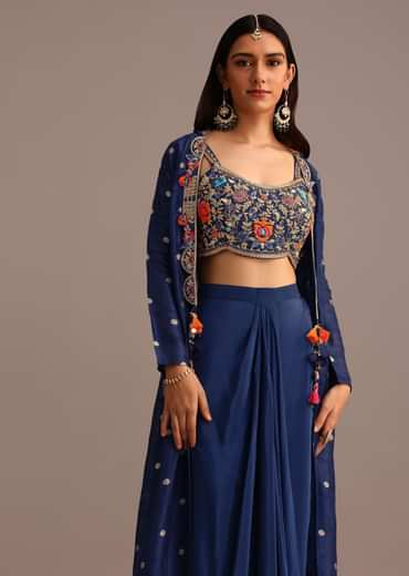 Blue Embroidered Croptop With Drape Skirt And Tussar Jacket