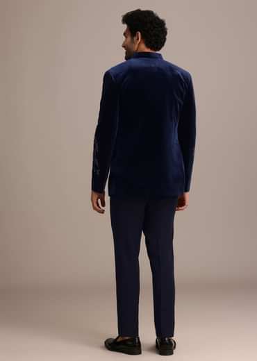 Blue Embroidered Indo Western Set in Velvet