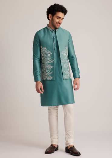 Blue Embroidered Jacket Kurta Set