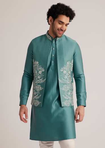 Blue Embroidered Jacket Kurta Set