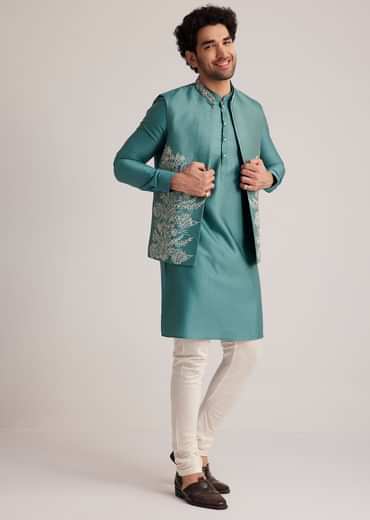 Blue Embroidered Jacket Kurta Set