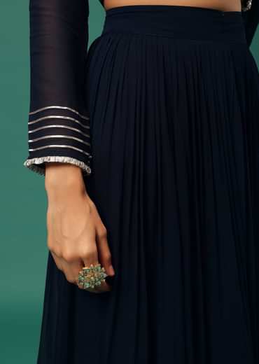 Blue Embroidered Palazzo Suit Set In Georgette With Double Peplum Top