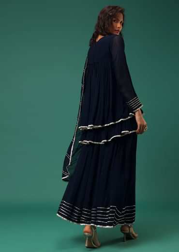 Blue Embroidered Palazzo Suit Set In Georgette With Double Peplum Top