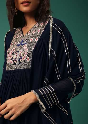 Blue Embroidered Palazzo Suit Set In Georgette With Double Peplum Top