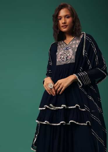 Blue Embroidered Palazzo Suit Set In Georgette With Double Peplum Top