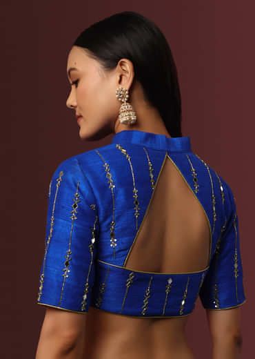 Blue Embroidered Raw Silk Blouse