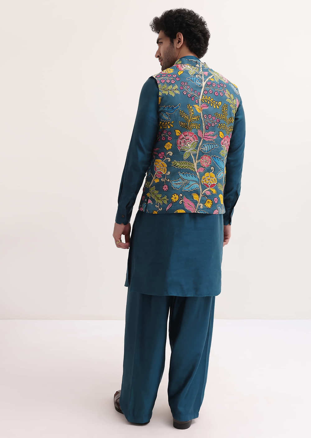 Blue Embroidered Silk Kurta Jacket Set For Men