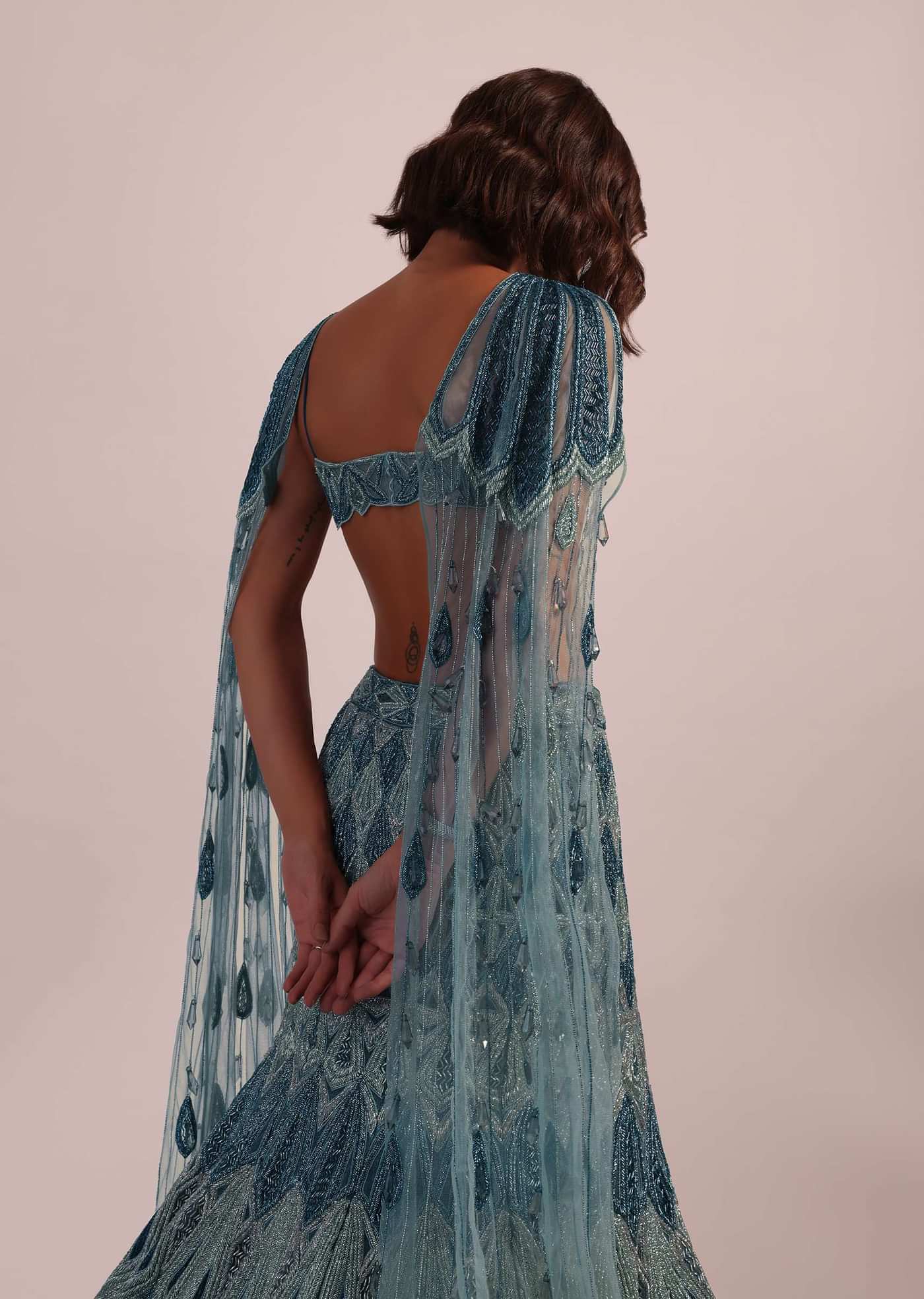 Blue Fish Cut Bridal Lehenga Set In Net With Hand Embroidery