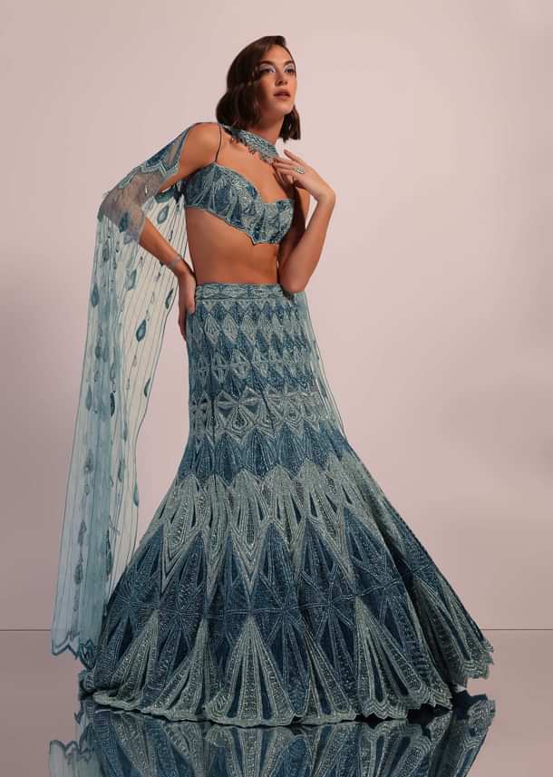 Blue Fish Cut Bridal Lehenga Set In Net With Hand Embroidery