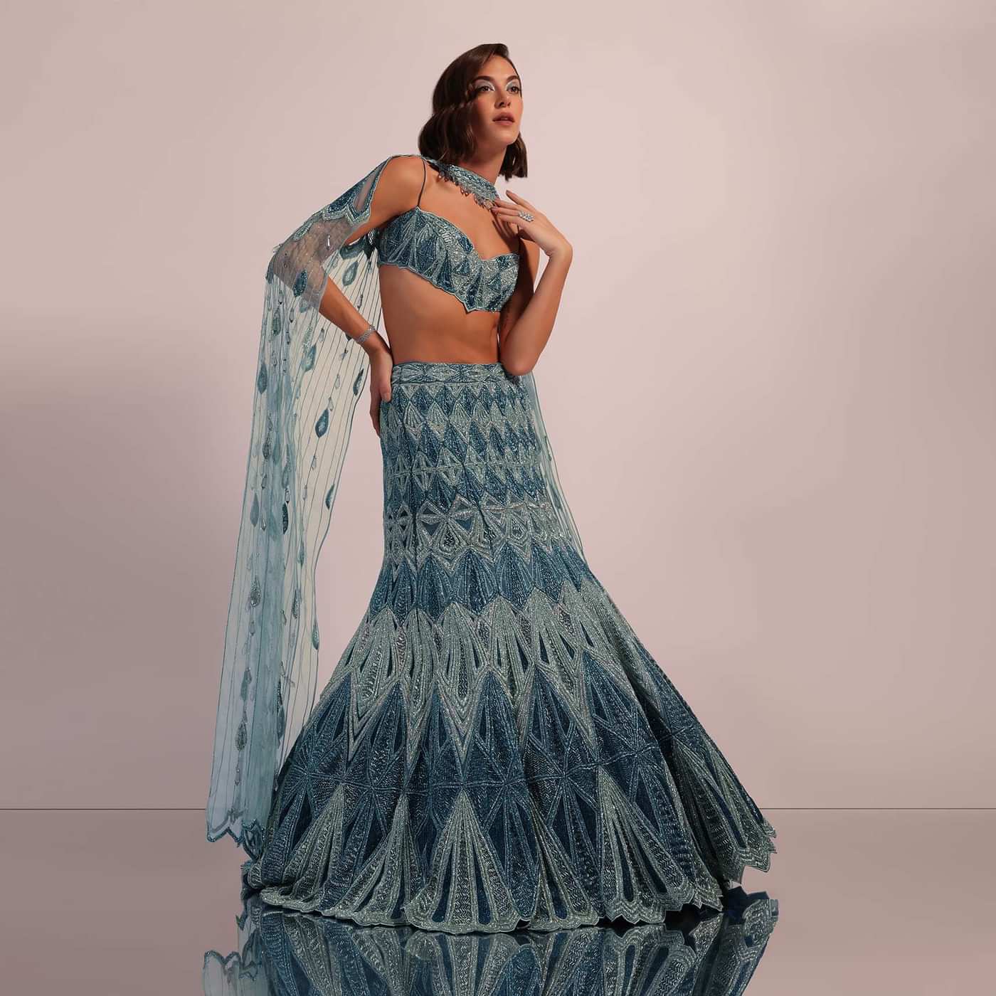 Blue Fish Cut Bridal Lehenga Set In Net With Hand Embroidery