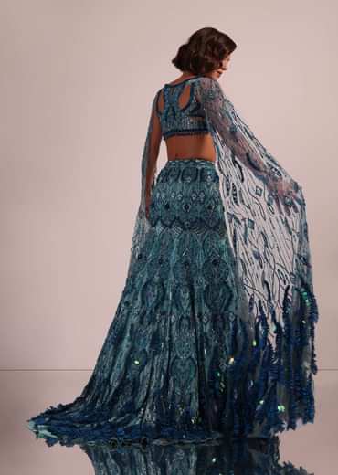 Blue Fish Cut Bridal Lehenga Set With Long Trail Sleeves And Heavy Embroidery