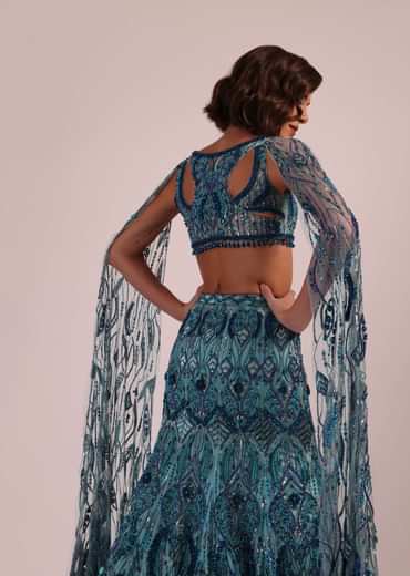 Blue Fish Cut Bridal Lehenga Set With Long Trail Sleeves And Heavy Embroidery