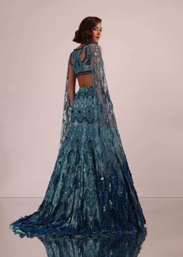 Blue Fish Cut Bridal Lehenga Set With Long Trail Sleeves And Heavy Embroidery