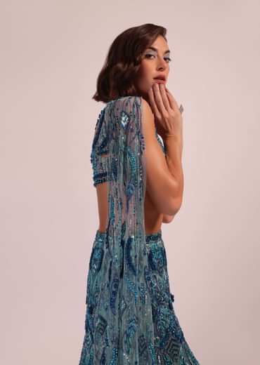 Blue Fish Cut Bridal Lehenga Set With Long Trail Sleeves And Heavy Embroidery